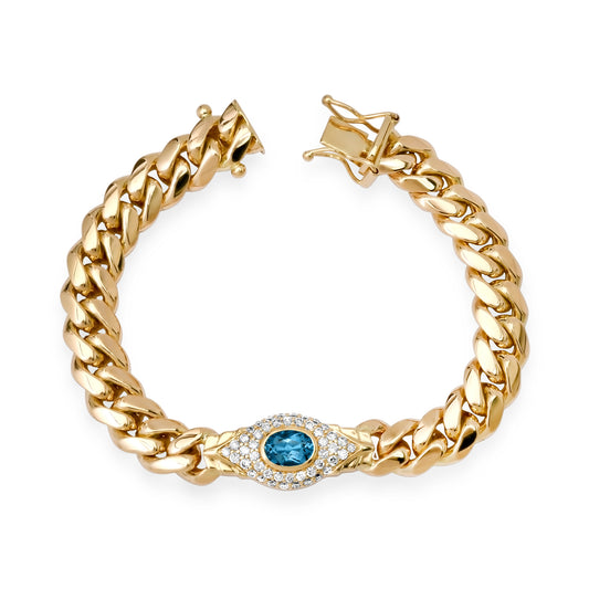 14k Gold Diamond and Gemstone Jumbo Evil Eye Thick Miami Cuban Link Bracelet