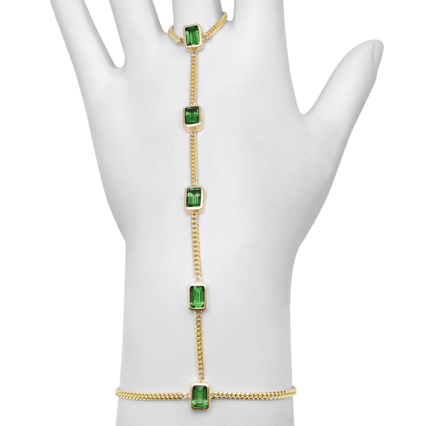 14k Gold 5 Emerald Cut Gemstone Mini Miami Cuban Hand Chain