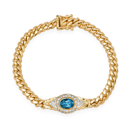 14k Gold Diamond and Gemstone Jumbo Evil Eye 2.0 Miami Cuban Link Bracelet