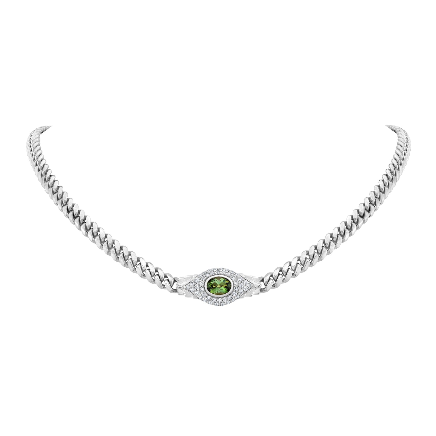 14k Gold Diamond Gemstone Jumbo Evil Eye Miami Cuban Link Necklace