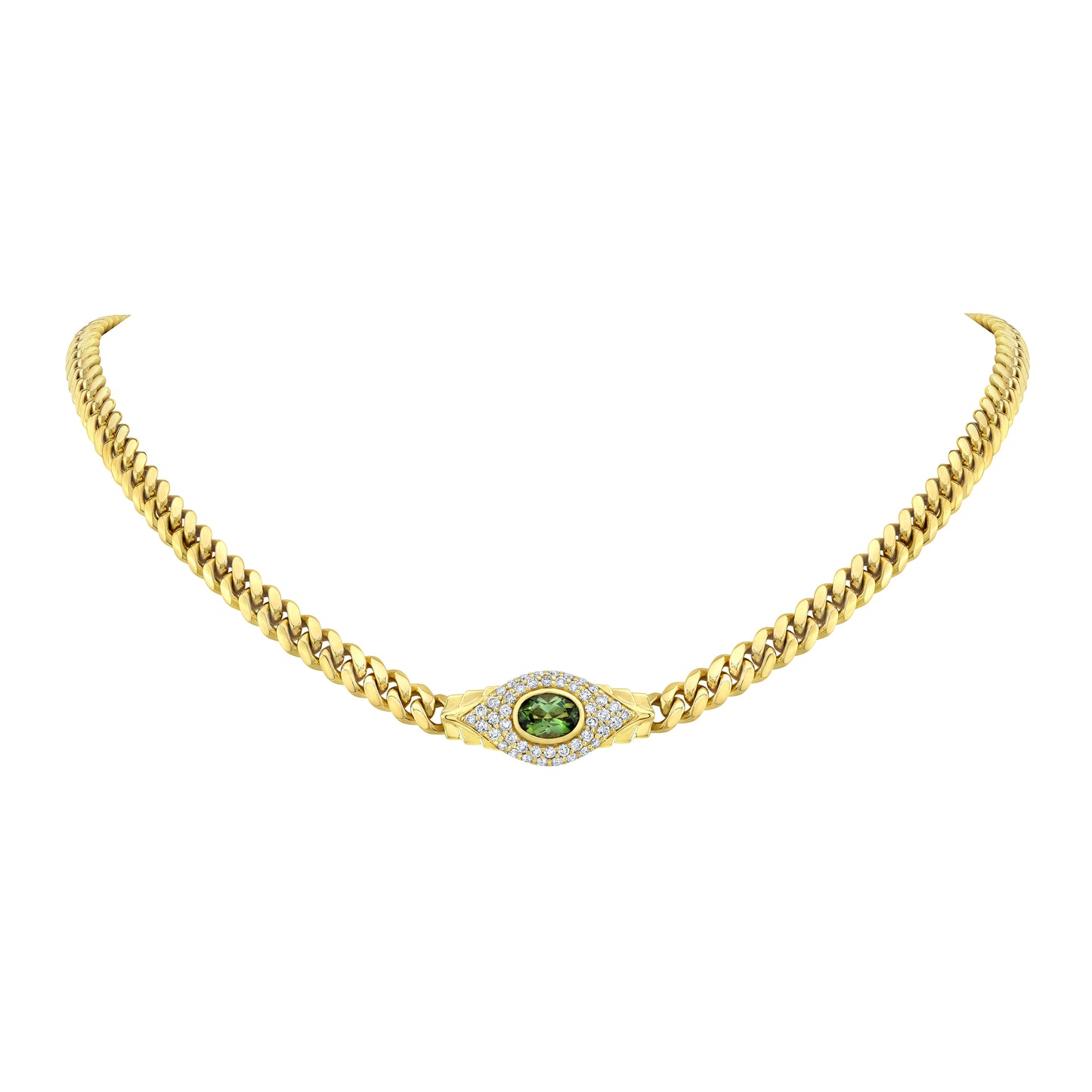 14k Gold Diamond Gemstone Jumbo Evil Eye Miami Cuban Link Necklace