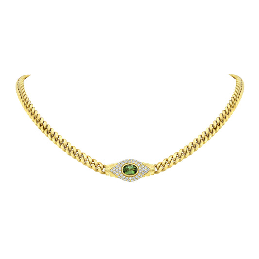 14k Gold Diamond Gemstone Jumbo Evil Eye Miami Cuban Link Necklace