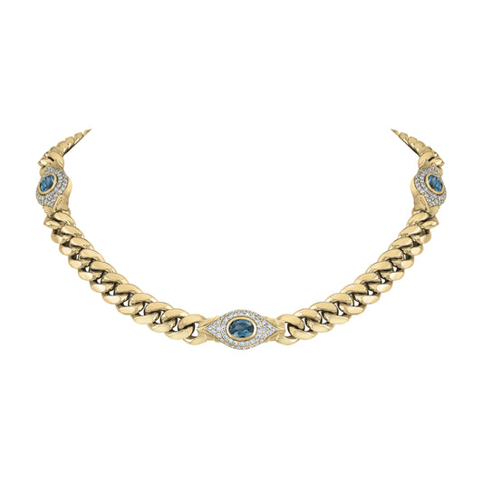 14k Gold Diamond Gemstone Triple Jumbo Evil Eye Miami Cuban Link Necklace