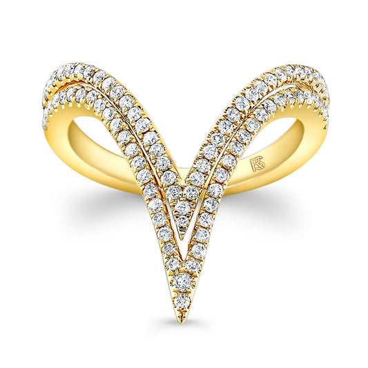 14k Gold Diamond Curved Double V Ring