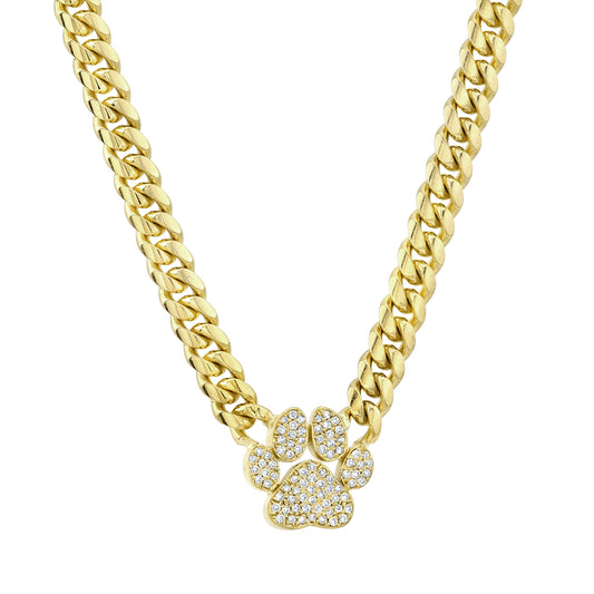 14K Gold Thick Miami Cuban Link Dog Paw Necklace