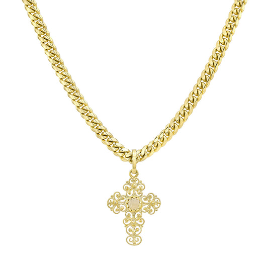 18k Yellow Gold Stone Baroque Cross Charm