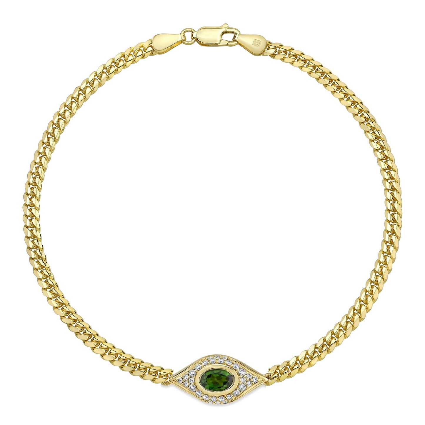 14k Gold Diamond Oval Gemstone Miami Cuban Evil Eye Anklet