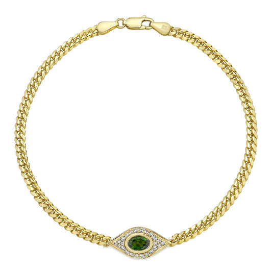 14k Gold Diamond Oval Gemstone Miami Cuban Evil Eye Anklet