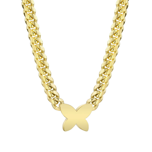 14K Gold Thick Miami Cuban Link Thick Floating Butterfly Necklace