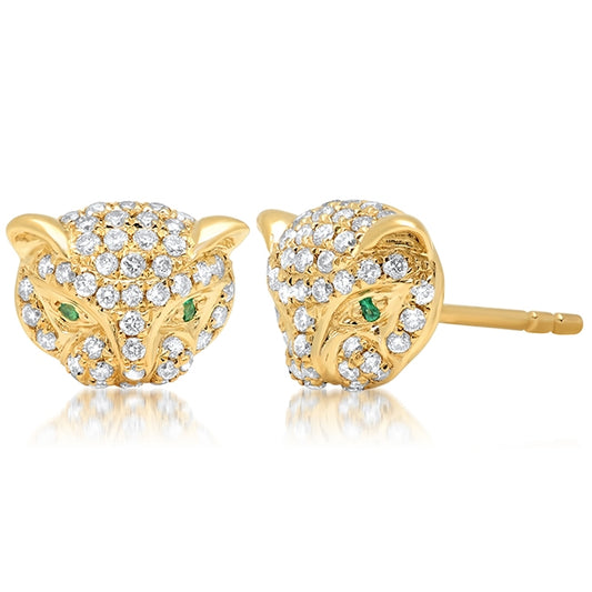 14k Gold Diamond Emerald Panther Stud Earrings