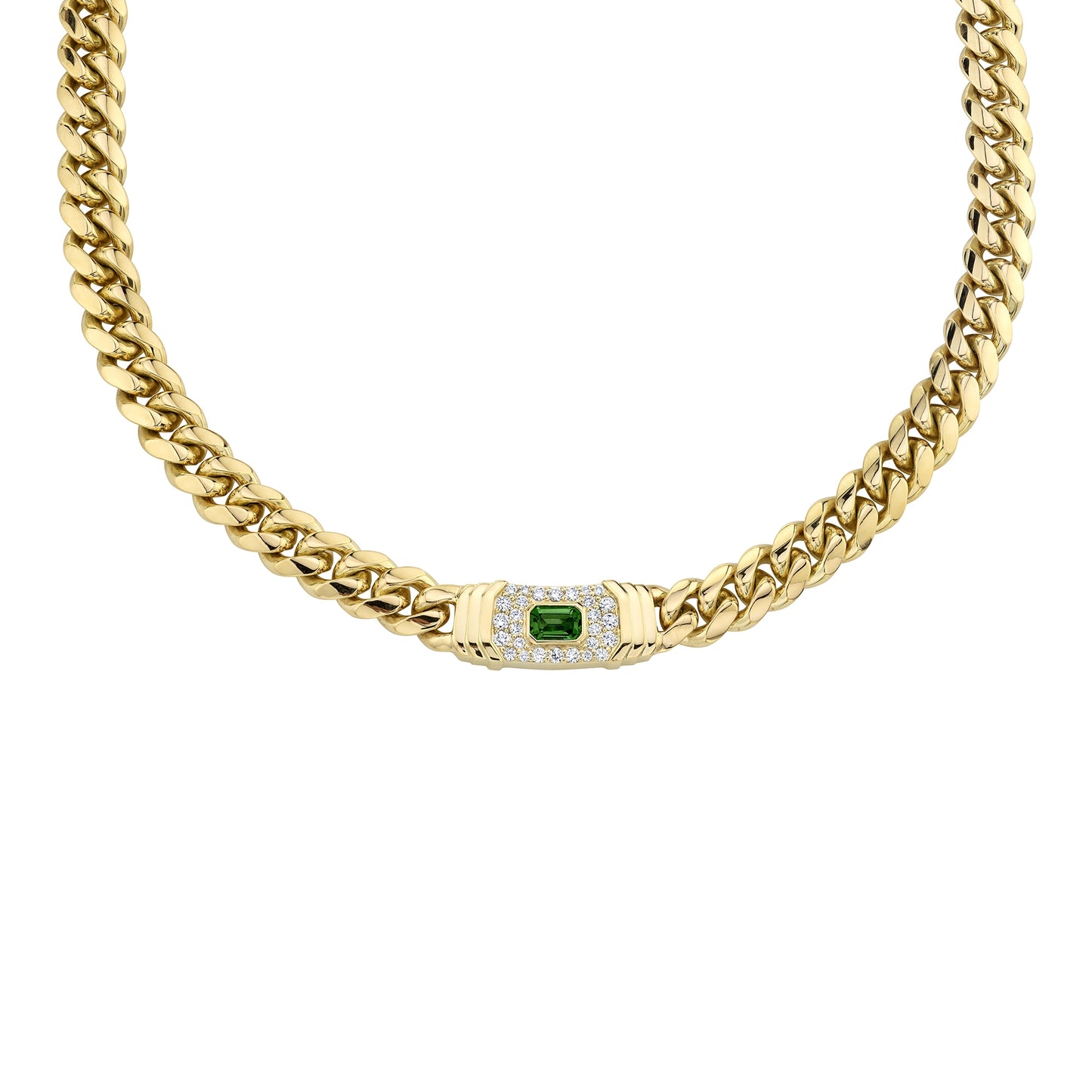 14k Gold Diamond Emerald Cut Gemstone Miami Cuban Link Necklace