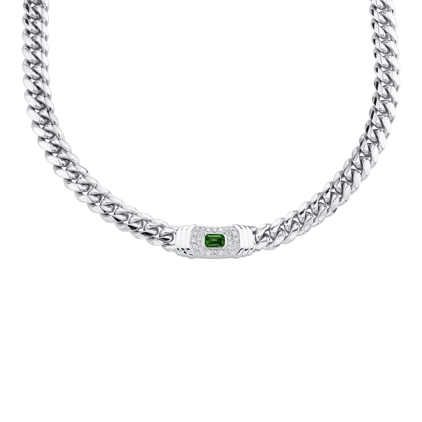 14k Gold Diamond Emerald Cut Gemstone Miami Cuban Link Necklace