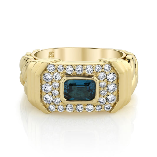 14k Gold Diamond Blue Topaz Link Ring