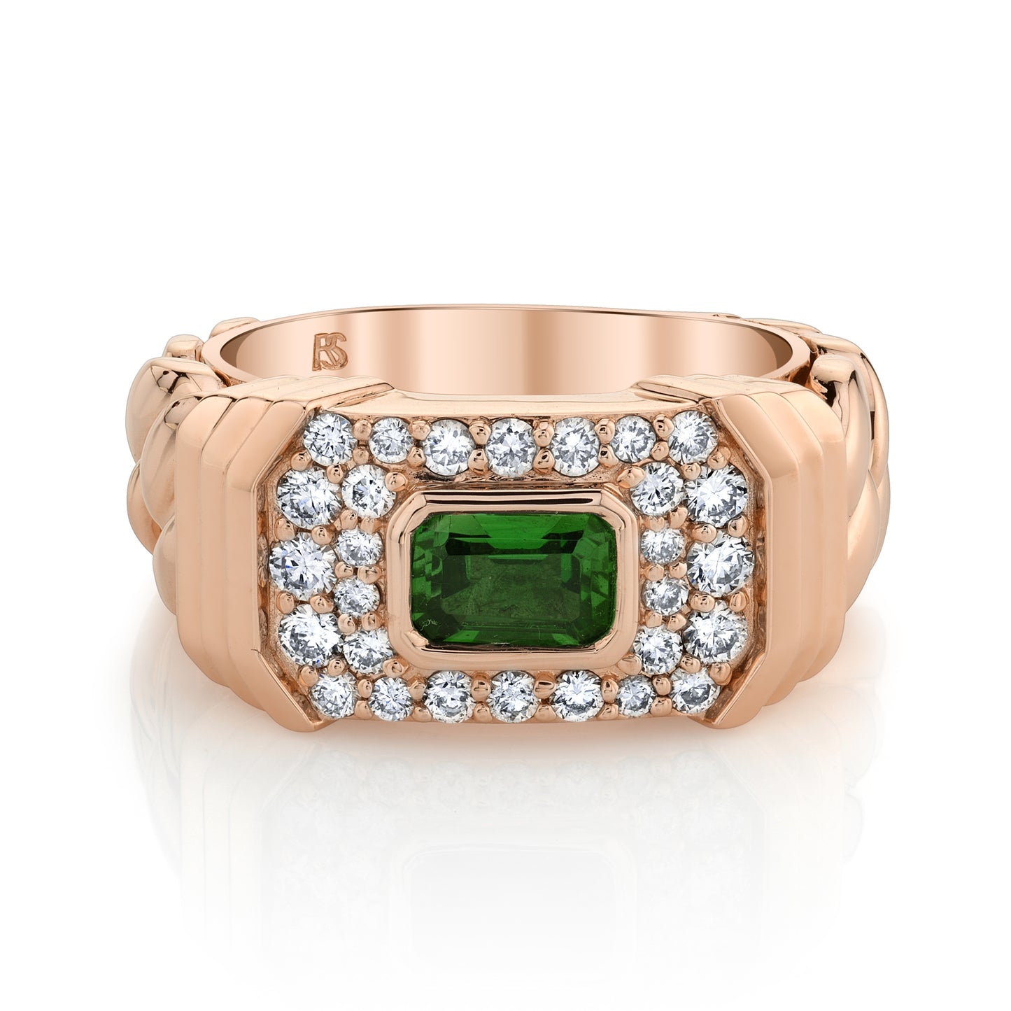 14k Gold Diamond Green Tourmaline Link Ring