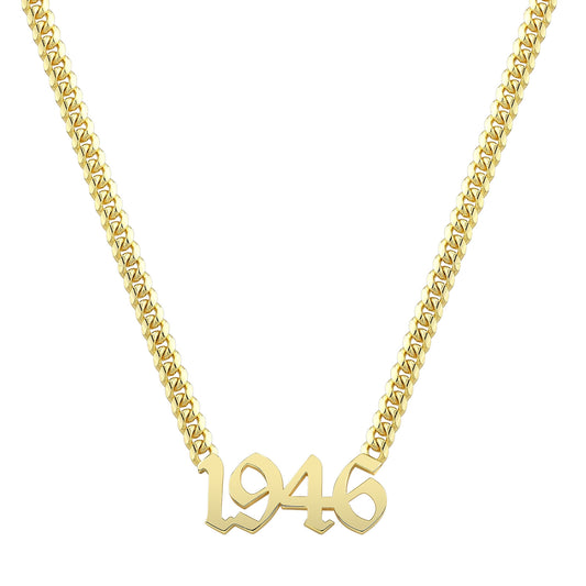 14k Gold Thick Miami Cuban Link Year Nameplate Necklace