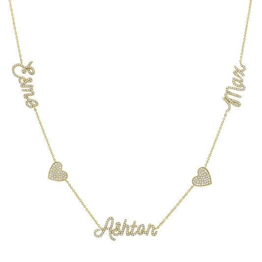 14k Gold Diamond Heart Triple Nameplate Necklace