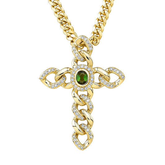 14k Gold Diamond Gemstone Link Cross Charm