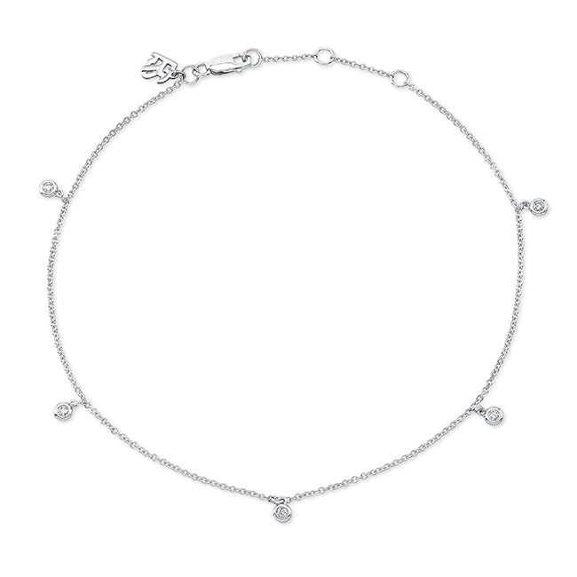 14k White Gold 5 Bezel Diamond Anklet