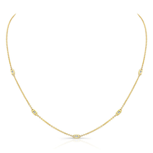 14k Gold 5 Bezel Baguette Diamond Station Necklace