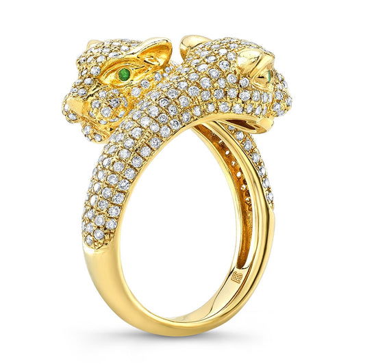 14k Gold Diamond Emerald Panther Ring