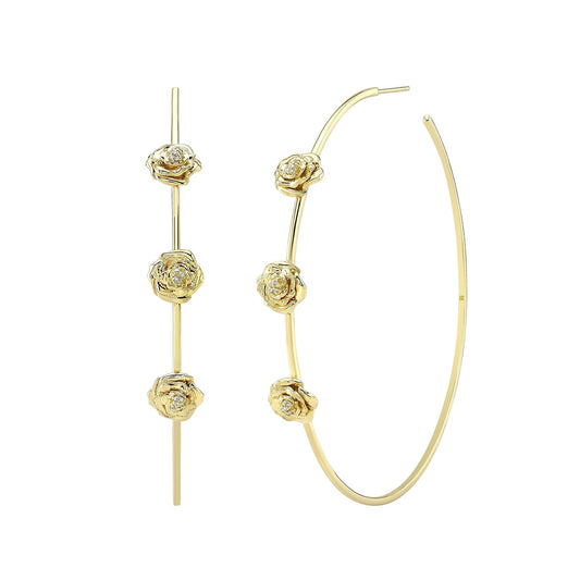 14k Gold 2.5" Diamond Rose Hoop Earrings