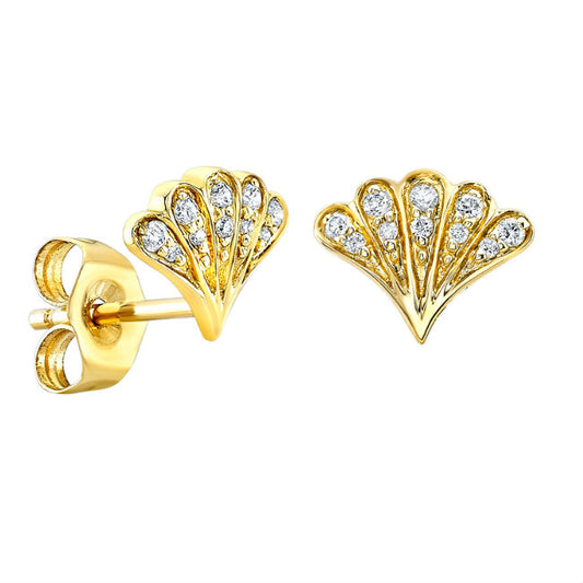 14k Gold Pave Diamond Shell Stud Earrings