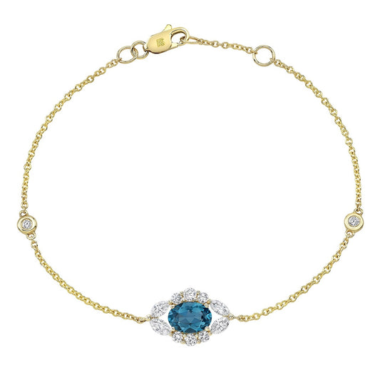 14k Gold Diamond and Blue Topaz Oval Evil Eye Bracelet