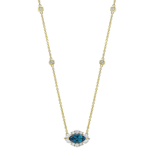 14k Gold Diamond and Blue Topaz Marquise Evil Eye Necklace