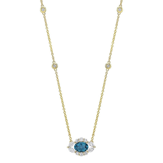 14k Gold Diamond and Blue Topaz Oval Evil Eye Necklace